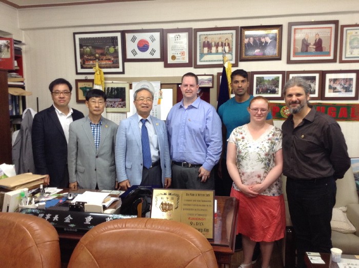 At Changmookwan HQ office — Master Kim Dae-Hyun, Grandmaster Cheon, Grandmaster Kim, me, Eron Miah, Vicky Mercer and Matias Mazzeo (left-to-right)